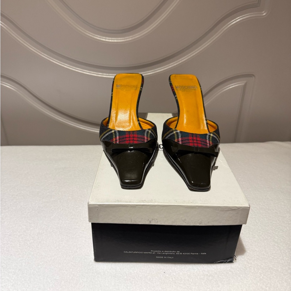 Moschino Olive Green Patent Leather and Red fabric Women's Shoes